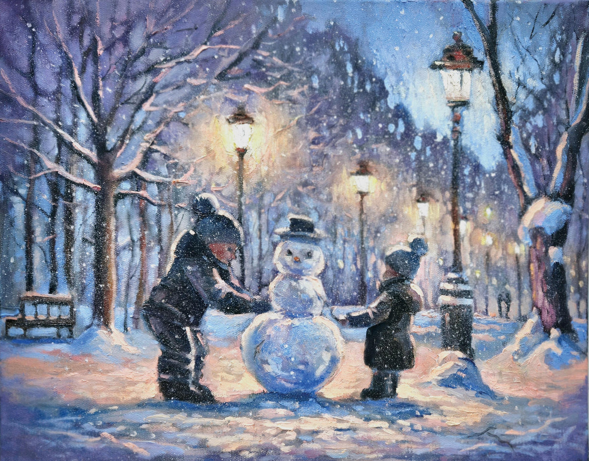 b.o. led canvas 38x48cm sneeuwpop maken in park 3led / 2aa