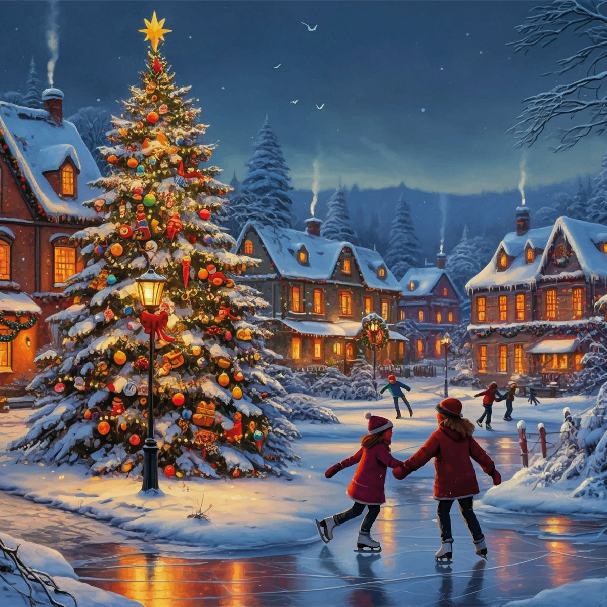 b.o. led canvas 38x38cm schaatsende kinderen 5led / 2aa
