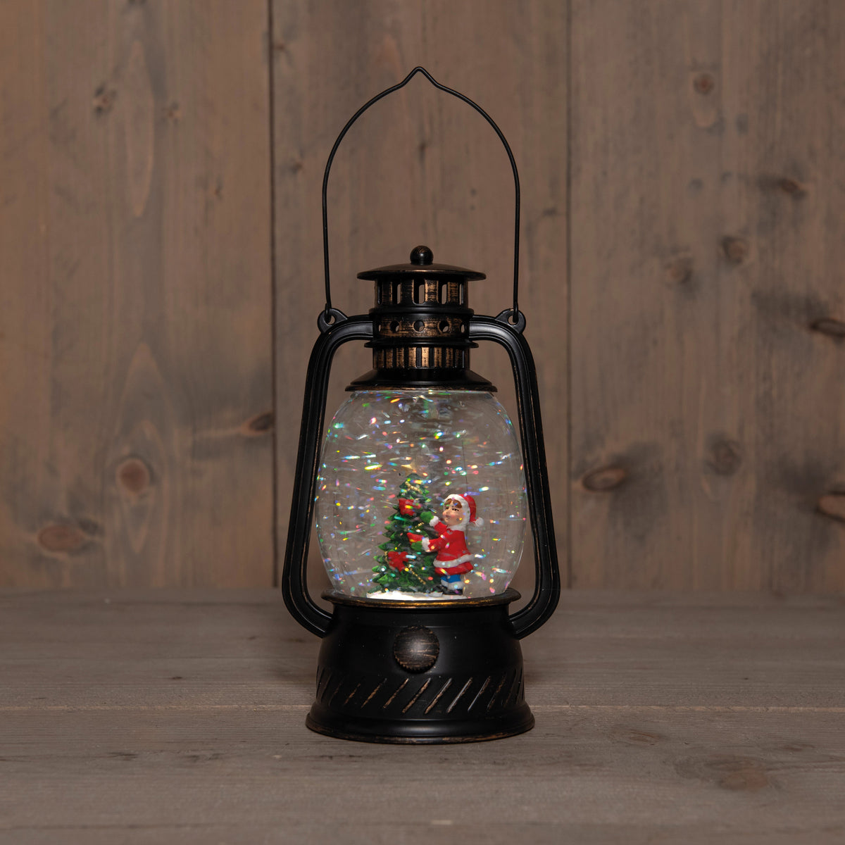 lantaarn kerstboom  in glitterwater op 3aa batterij met dc aansluiting 20.5x12cm warm wit