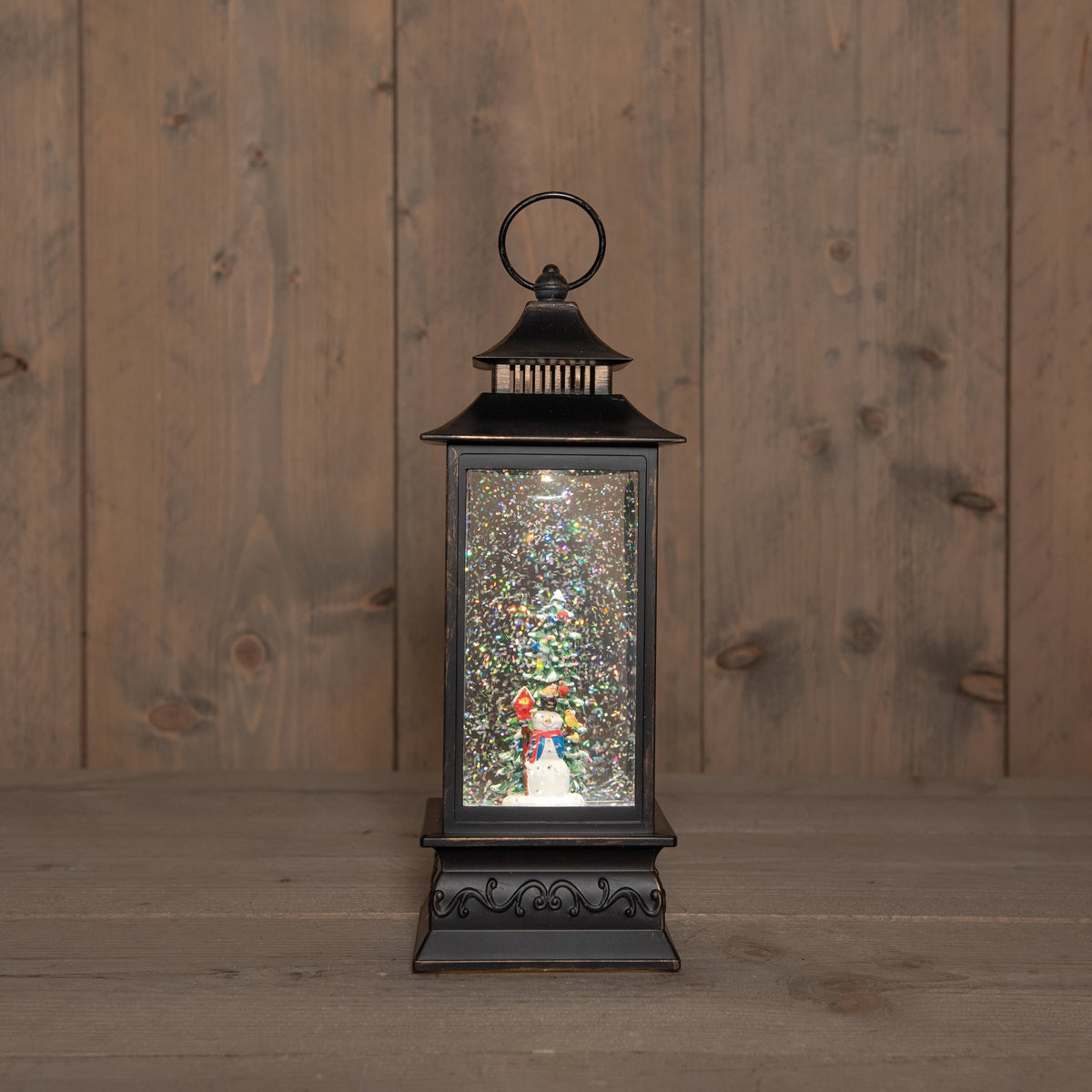 lantaarn sneeuwpop in glitterwater led op 3aa batterij met dc aansluiting 29x10.5cm warm wit