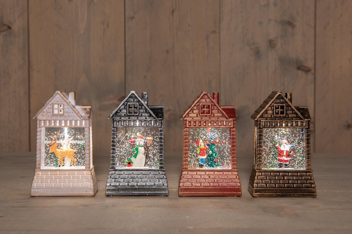 huis met glitterwater op batterij 14x8x4.5cm 4 assorti in display warm wit