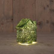 huisje glas 10led 3xaaa batterij met timer 12.5x7.5xh14cm metallic groen