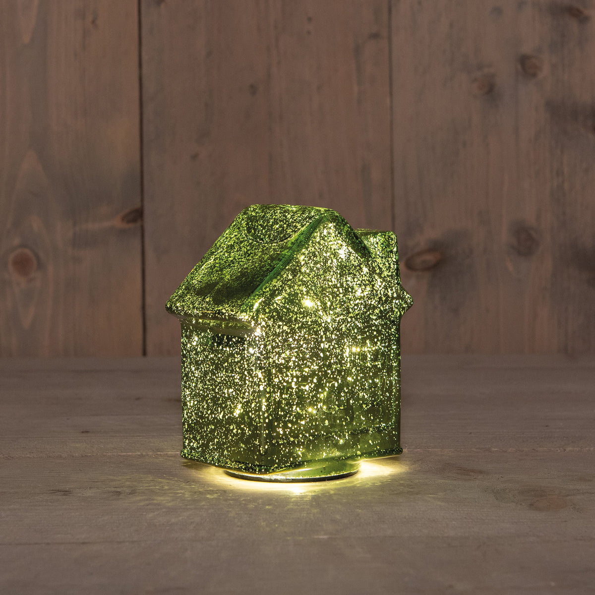 huisje glas 10led 3xaaa batterij met timer 12.5x7.5xh14cm metallic groen