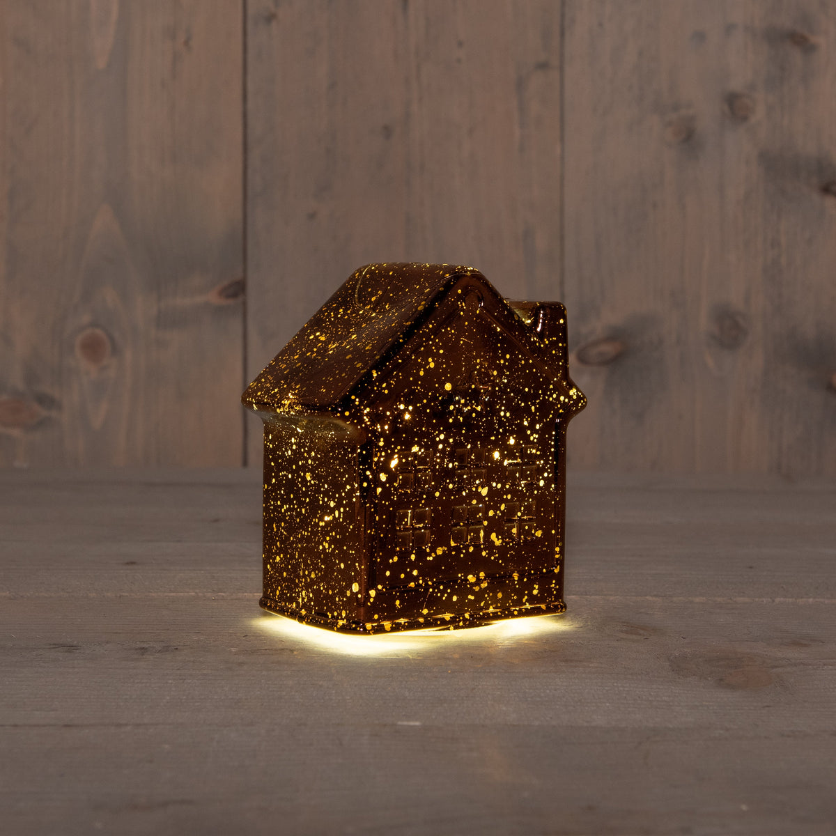 huisje glas 10led 3xaaa batterij met timer 12.5x7.5xh14cm metallic brons