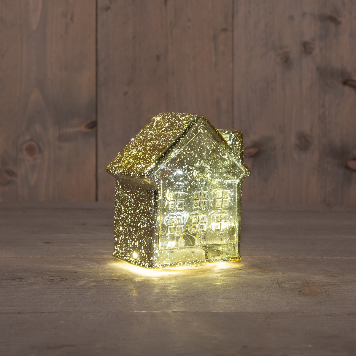 huisje glas 10led 3xaaa batterij met timer 12.5x7.5xh14cm metallic goud