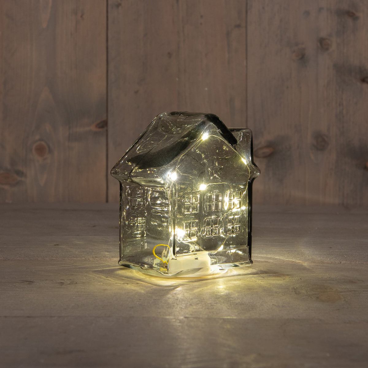huisje glas 10led 3xaaa batterij met timer 12.5x7.5xh14cm grijs
