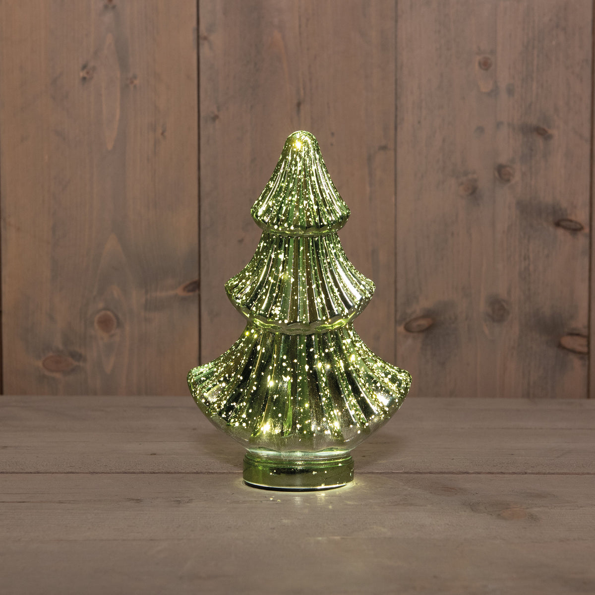 kerstboompje glas 10led 3xaaa batterij met timer 15,5x9,5cm metallic groen