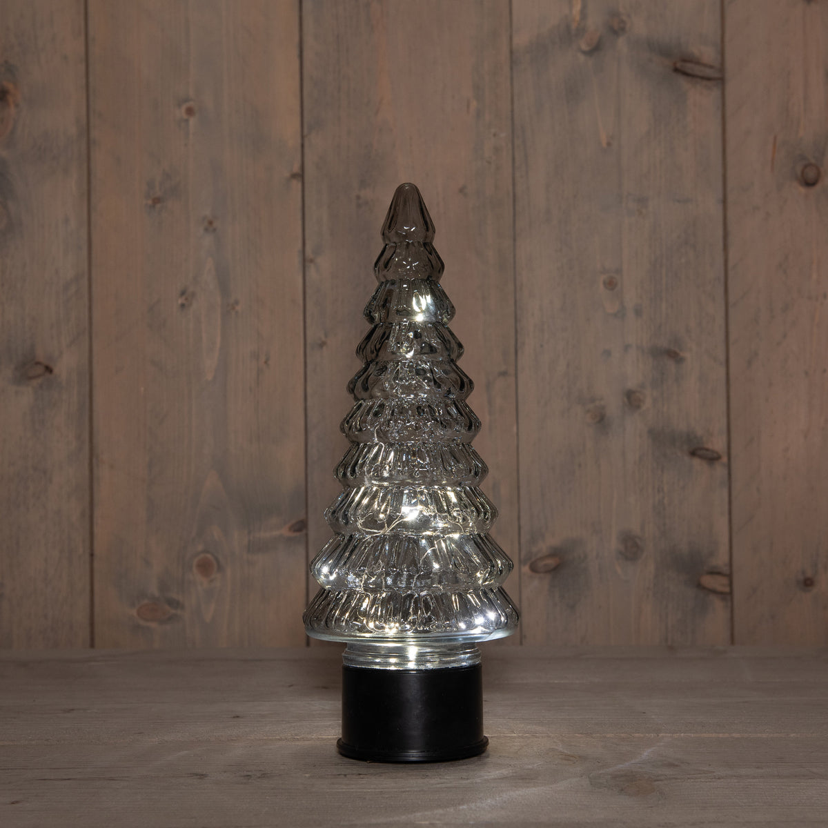 kerstboompje glas draaiend  20led 3xaa batterij met timer 13xh35cm grijs