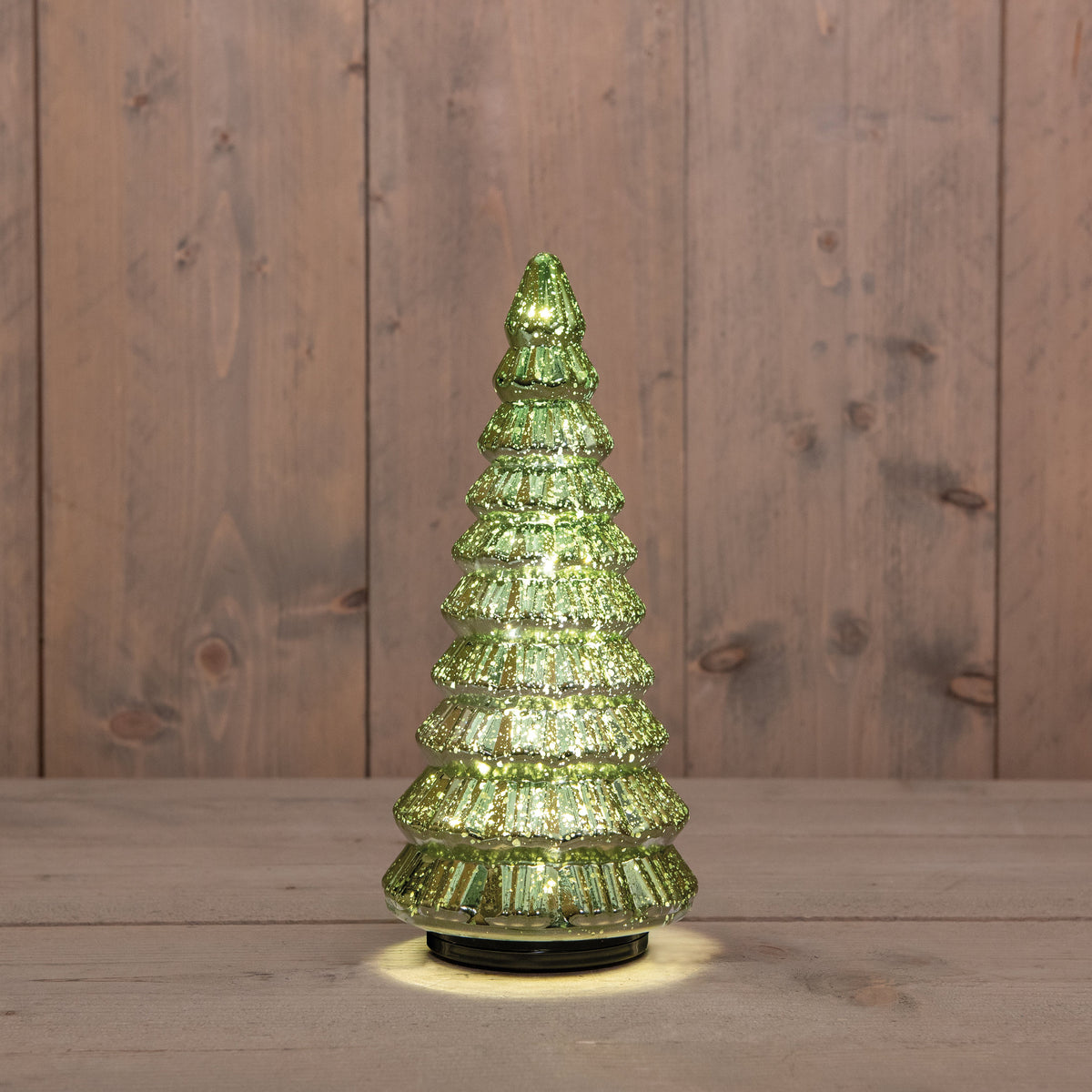 kerstboompje glas draaiend  20led 3xaa batterij met timer en usb aansluiting 13,3x30cm metallic groen
