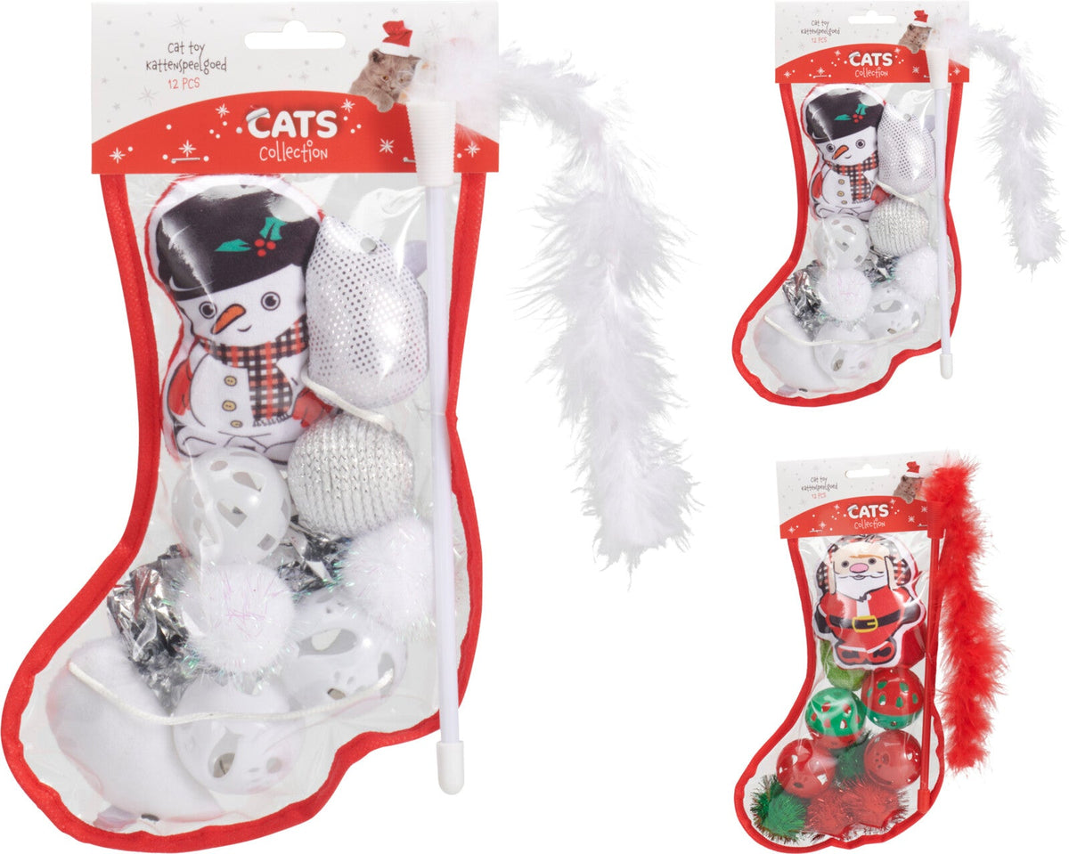 kattenspeelgoed 12sts in pe kerstsok 2ass