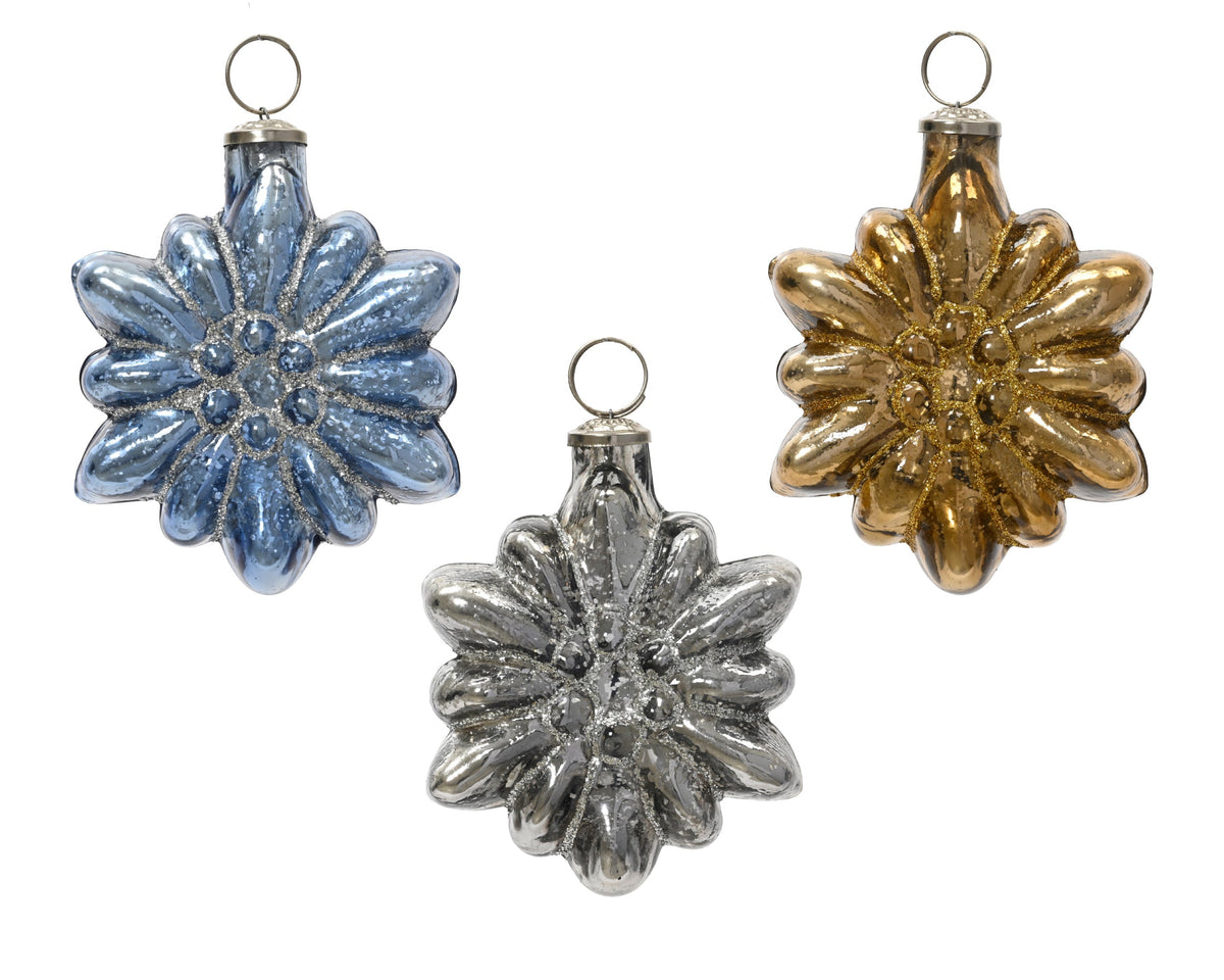 sneeuwvlok glas antique silver with glitter 3col ass assortie l.10cm x w.4cm x h.10cm