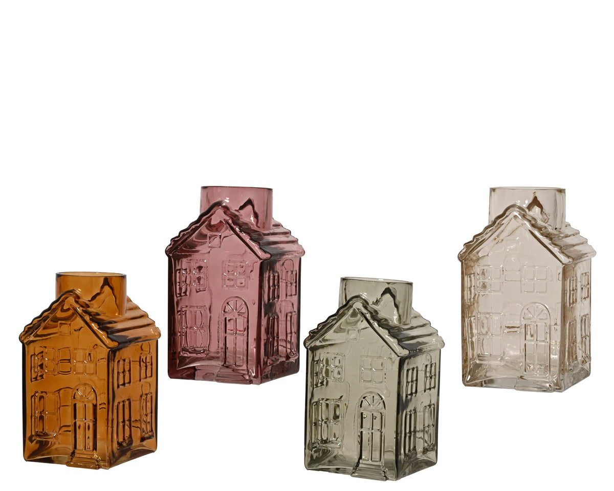 vaas glas house transparent 4col ass assortie l.13cm x w.13cm x h.21.5cm