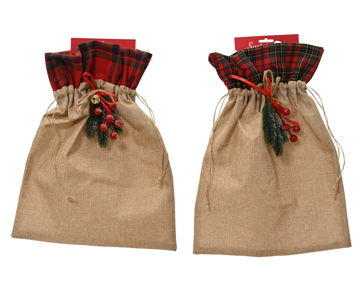 giftbag polyester with satin bow, foam berries, pe branch, pincone 2ass assortie l.5cm x w.30cm x h.40cm