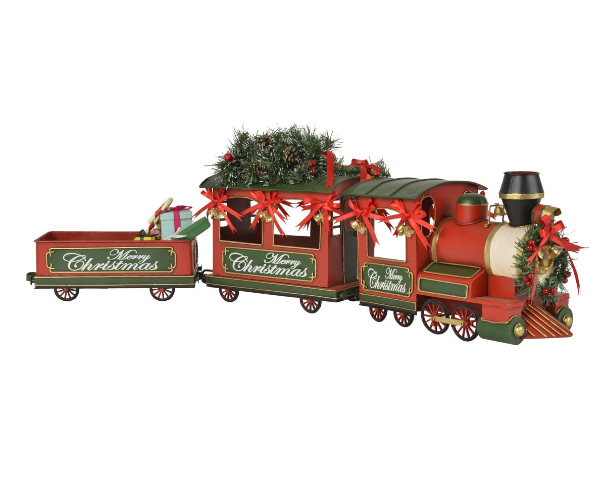 trein ijzer tree gifts, berries, pinecones, bells rood/kleur(en) l.92cm x w.16.3cm x h.30cm