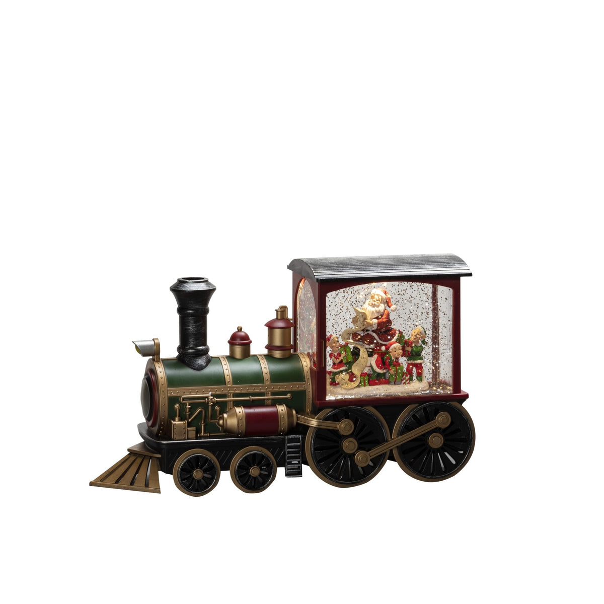 led locomotief sneeuwtafereel met kerstman, 1l, 18x31,5cm, warmwit, watergevulde lantaarn, on/off/5u timer, 1 warm witte led, op usb kabel of batterij, 3x c, voor binnen, 0,1w, batterij: 3 x