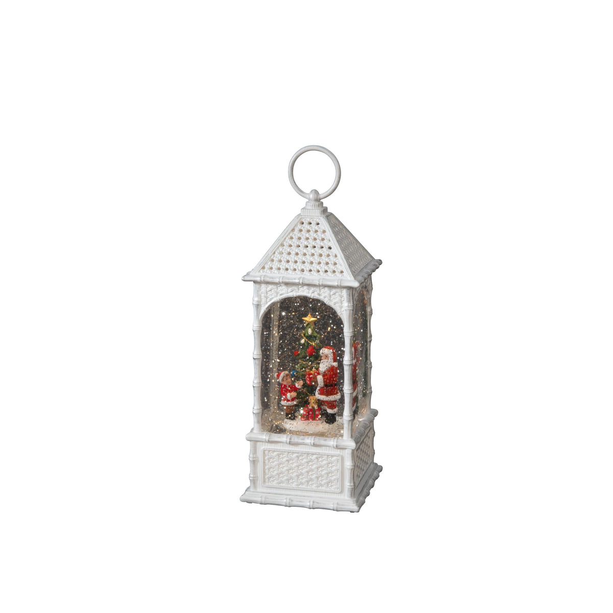 led sneeuwlantaarn vierkant 27x10,5cm, kerstman en kerstboom motief, wit, on/off/5u timer, 1 warm witte led, op batterij & usb, binnen, 0,1w, zwarte kabel, batterij: 3 x c 1,5v (excl.)