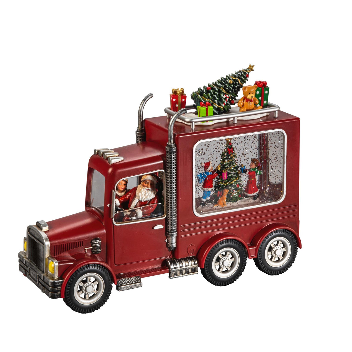 led sneeuwlantaarn waterspinner kerstman truck met kersttafereel, antiekrood, 21.5x28cm, 2l warmwit, on/off/5u timer, op batterij 3x aa (excl) of 1.8m usb aansluitsnoer, voor binnen