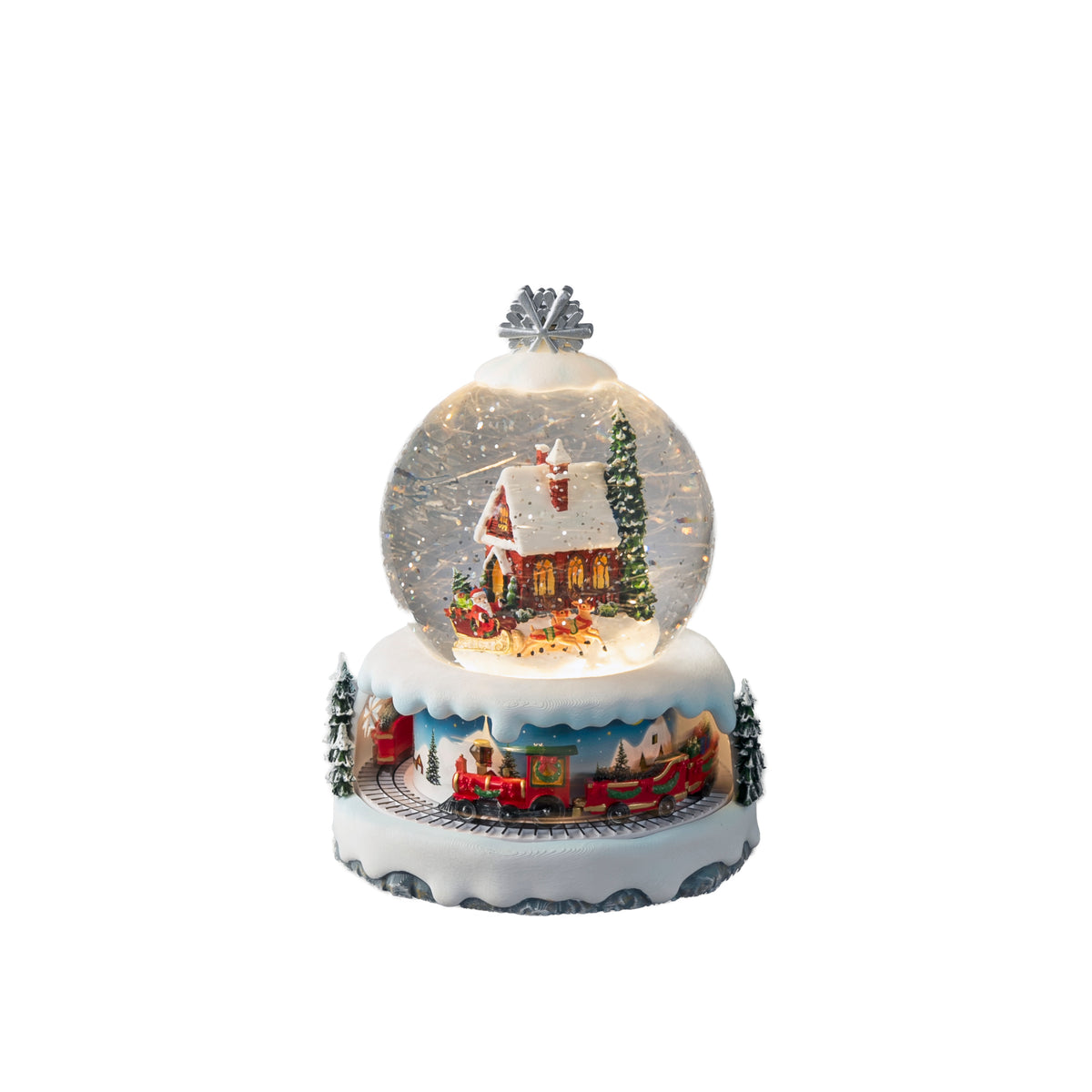 led waterspinner kerstman in slee, met rondrijdende trein en muziek, wit, 3 warmwitte led, 5u timer, 5v, 3.6w, usb, voor binnen