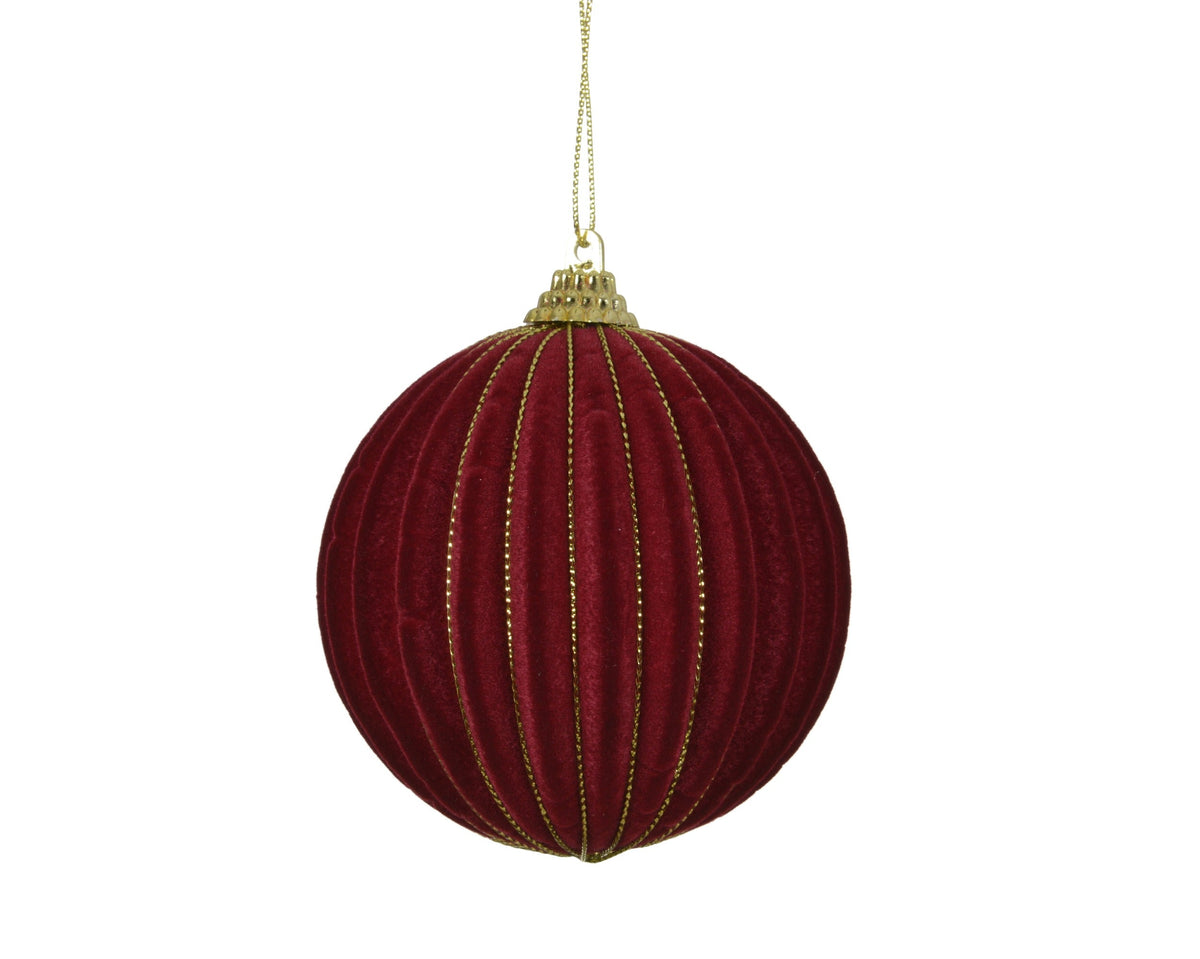 kerstbal foam flock gold wire stripe ossenbloed d.8cm