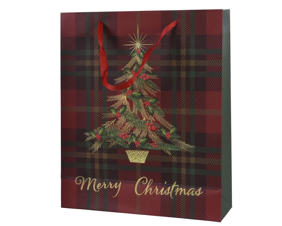 giftbag papier rectangle glitter check-xmas tree fsc 100% rood/kleur(en) l.26cm x w.10cm x h.32cm
