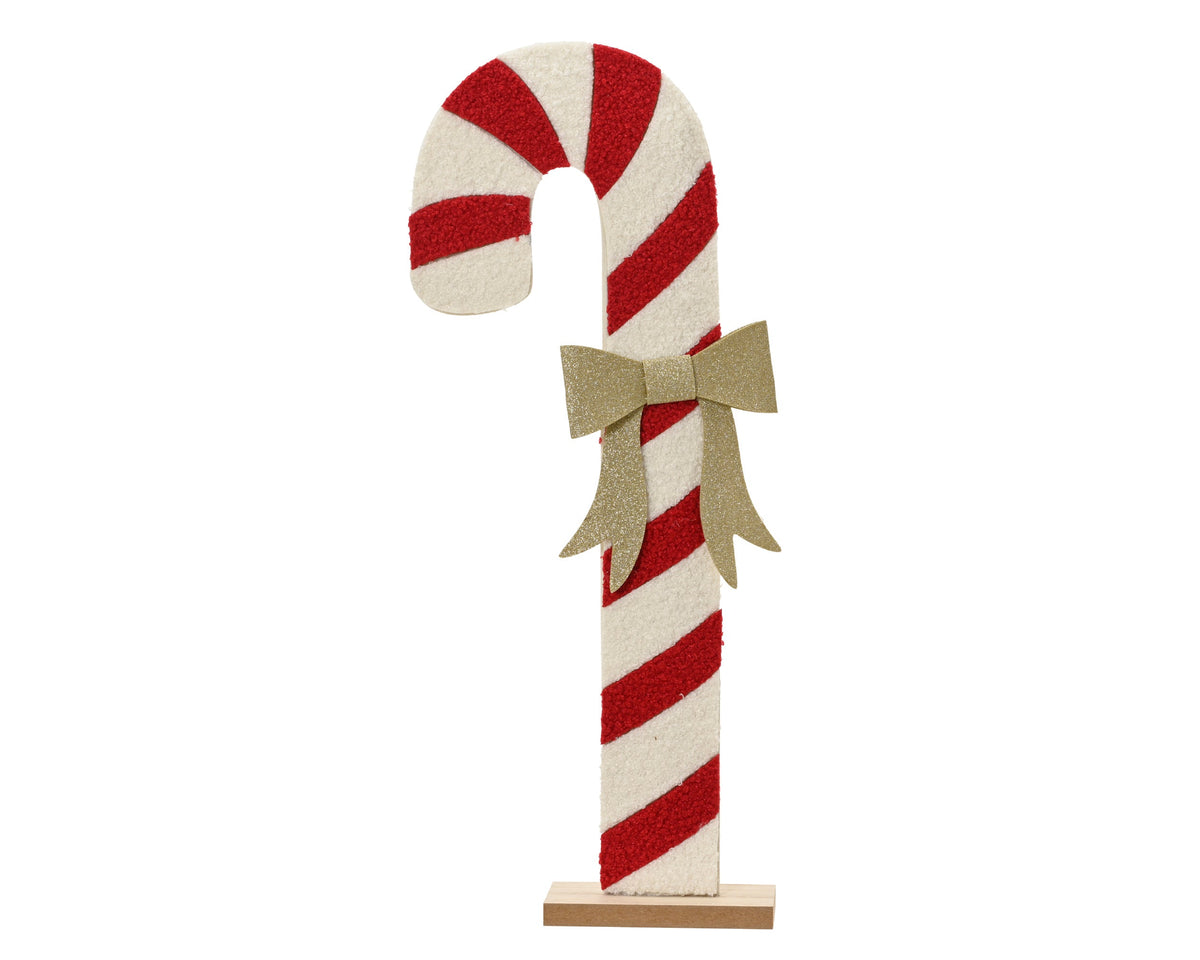 zuurstok polyester teddy fur on mdf rectange base, w gold bow fsc mix 70% rood/wit l.16cm x w.6cm x h.45cm