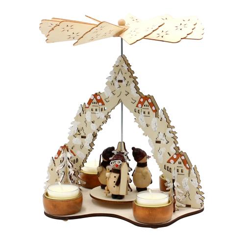holz teelichtpyramide "wald" mit schneemann figuren (laserholz), natur 21 x 15,5 x 24 cm