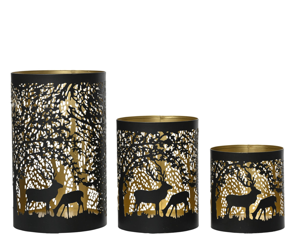 windlicht ijzer round with cut-out scenery zwart/goud d.12cm x h.20cm