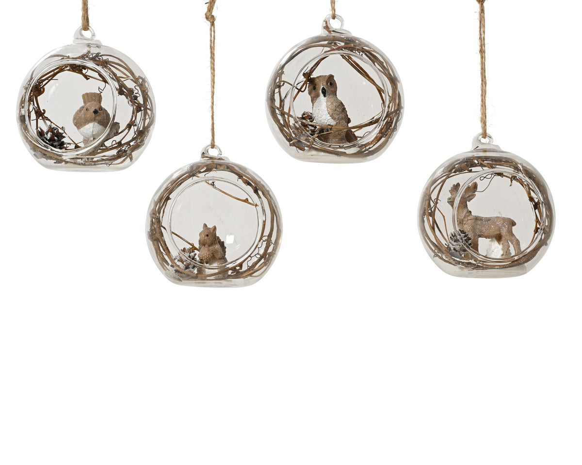 kerstbal glas animal inside, pinecone, branches 4ass bruin d.8cm x h.8.5cm