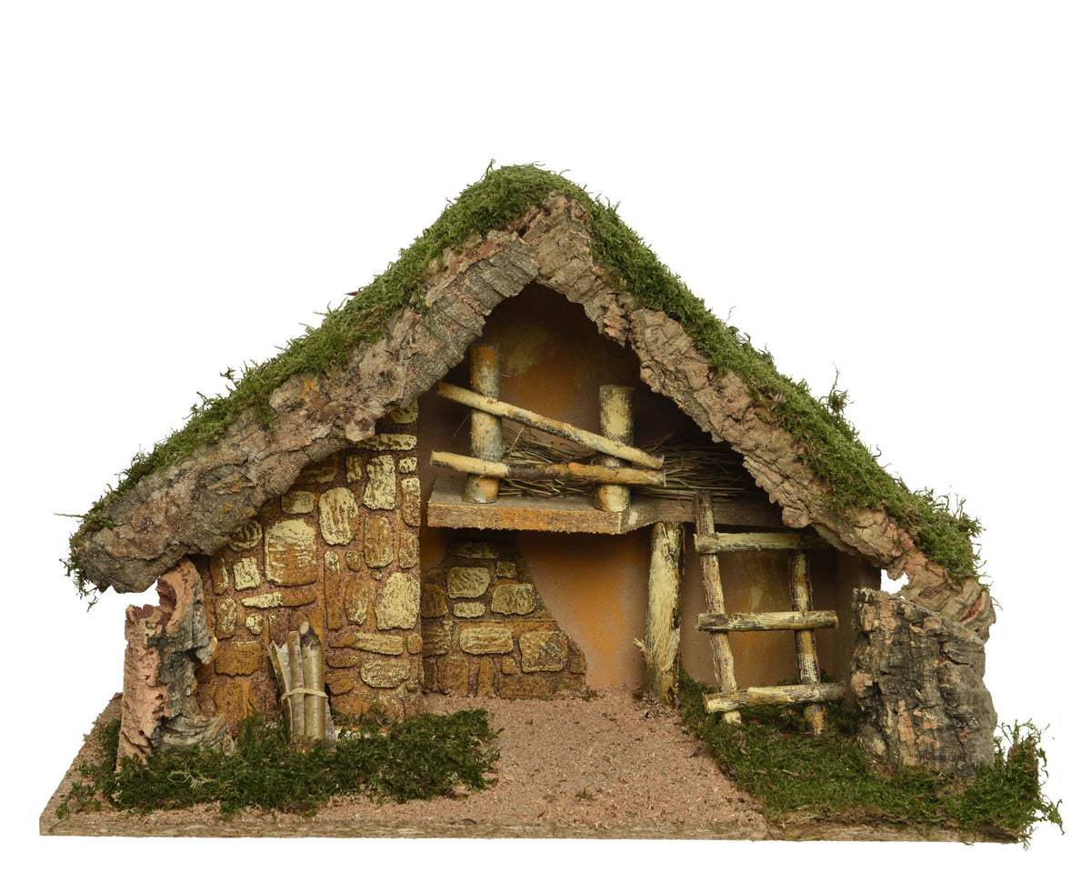 kerststal hout house with bark with moss fsc mix 70% naturel l.50cm x w.22cm x h.31cm