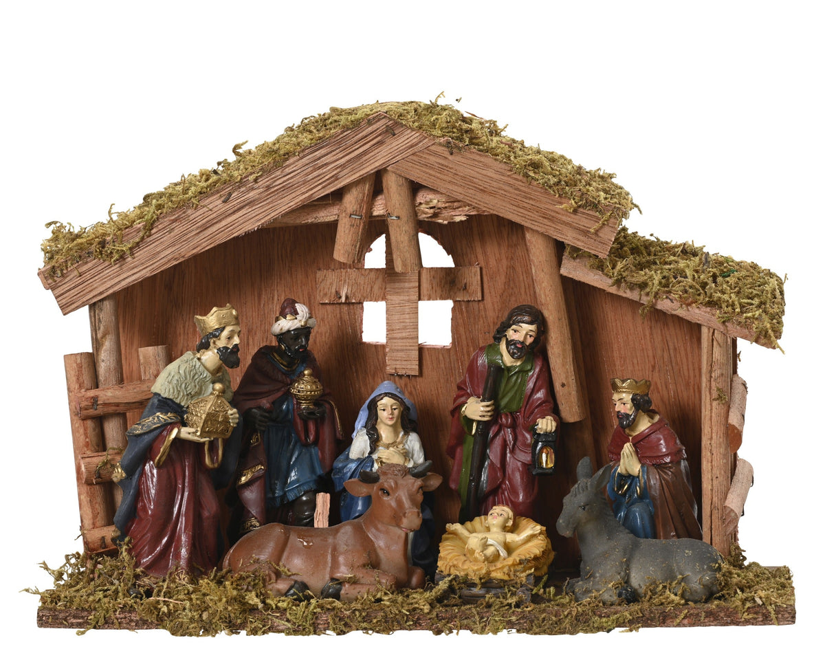 kerststal mdf maria, joseph, jesus, 3 king, cow, donkey painting 8 poly figures 12cm multi l.10cm x w.30cm x h.21cm