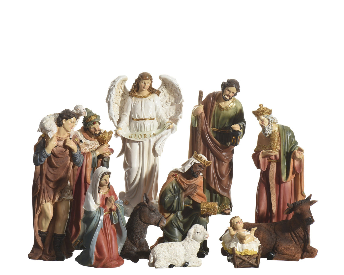 kerstgroep polyresin joseph,maria,jesus,angel,king 1,king 2,king 3,shepherd,cow,donkey,sheep painting multi l.11.5cm x w.8.3cm x h.29.5cm
