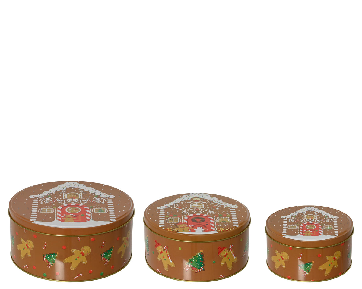 opbergblik blik round uv print relief ginger house pattern bruin/kleur(en) d.20cm x h.7cm