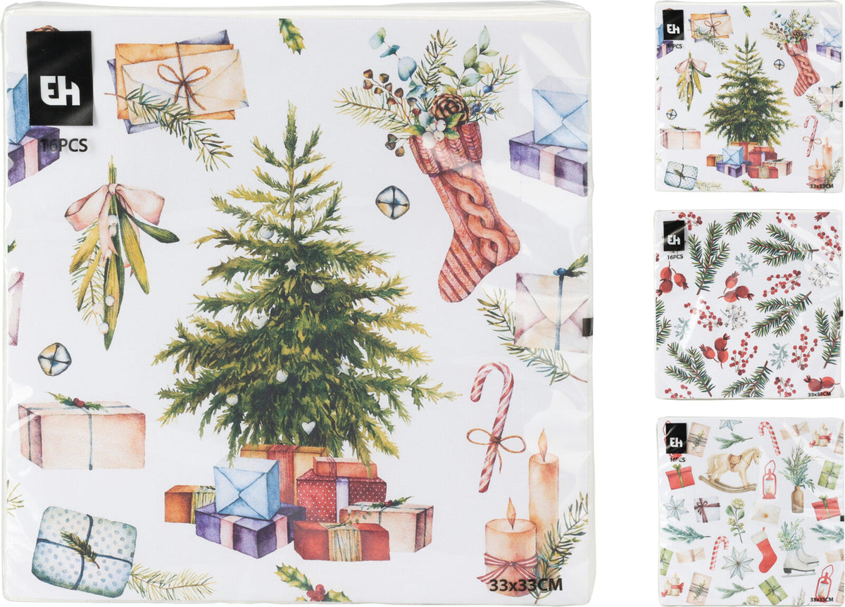 servetten papier 33x33cm set van 16sts 3-laags 3ass kerst designs