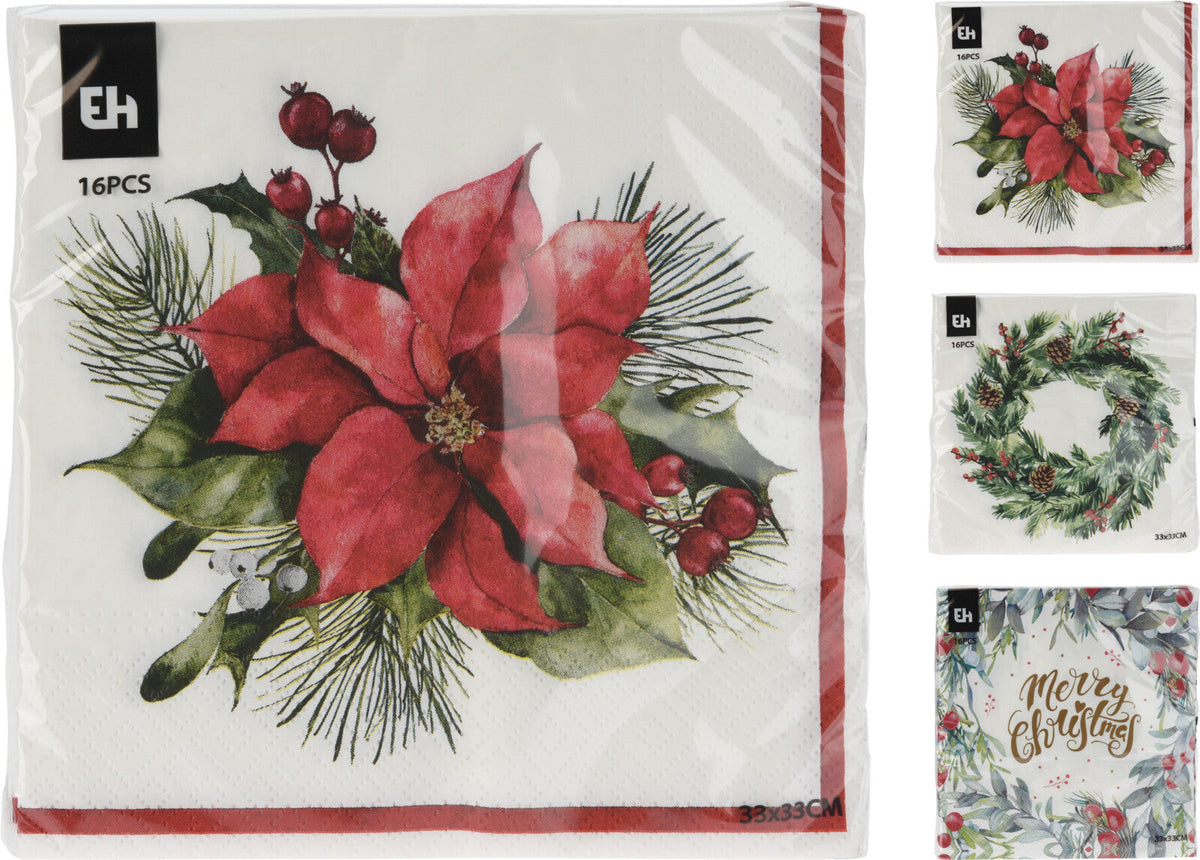 servetten papier 33x33cm set van 16sts 3-laags 3ass kerst designs