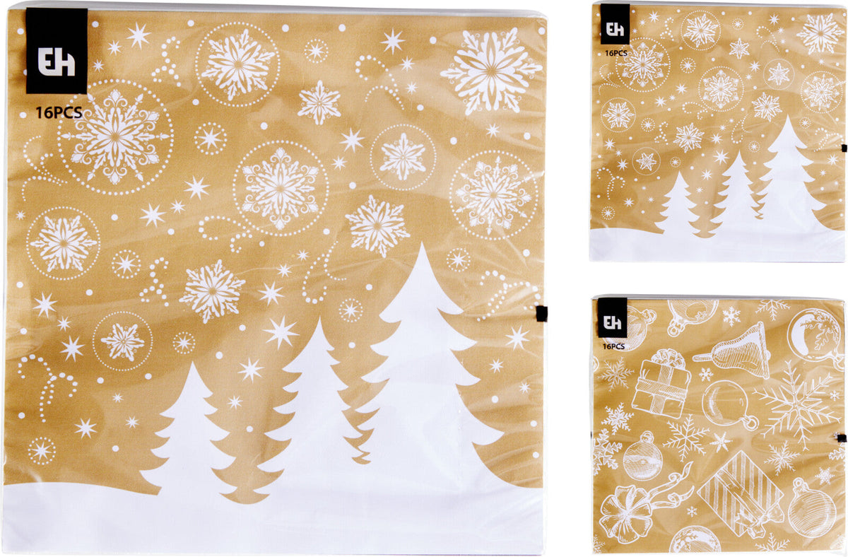 servetten papier 33x33cm set van 16sts 3-laags 2ass goud kerst designs