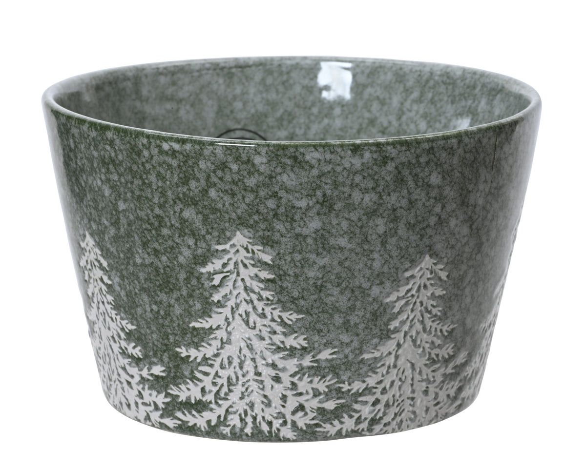 schaal aardewerk round reactive glaze tree embossed groen d.13cm x h.8cm