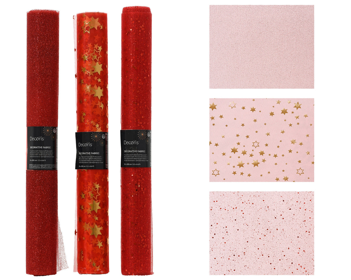decostof polyester organza, mesh foil stars, glitter 3ass rood l.200cm x w.35cm x h.0.01cm