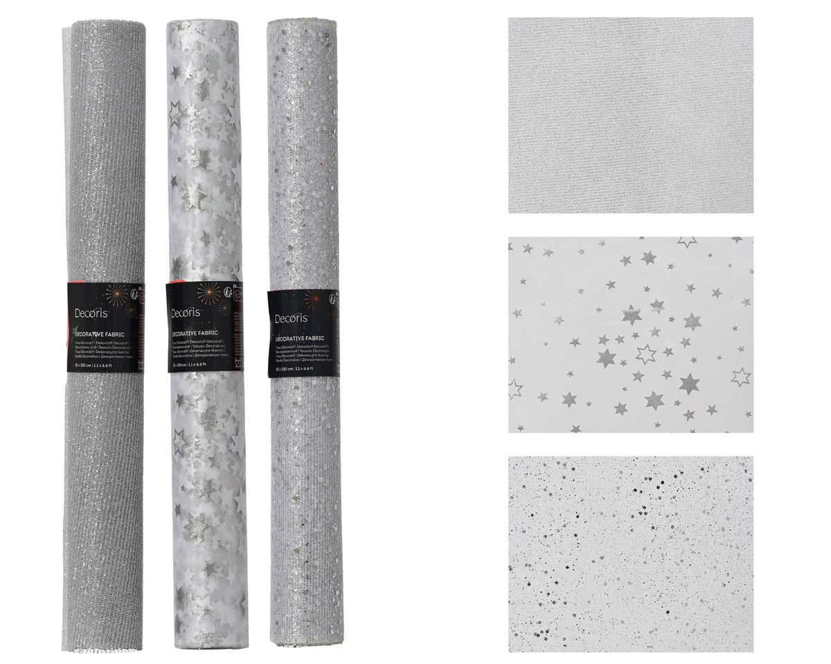 decostof polyester organza, mesh foil stars, glitter 3ass zilver l.200cm x w.35cm x h.0.01cm