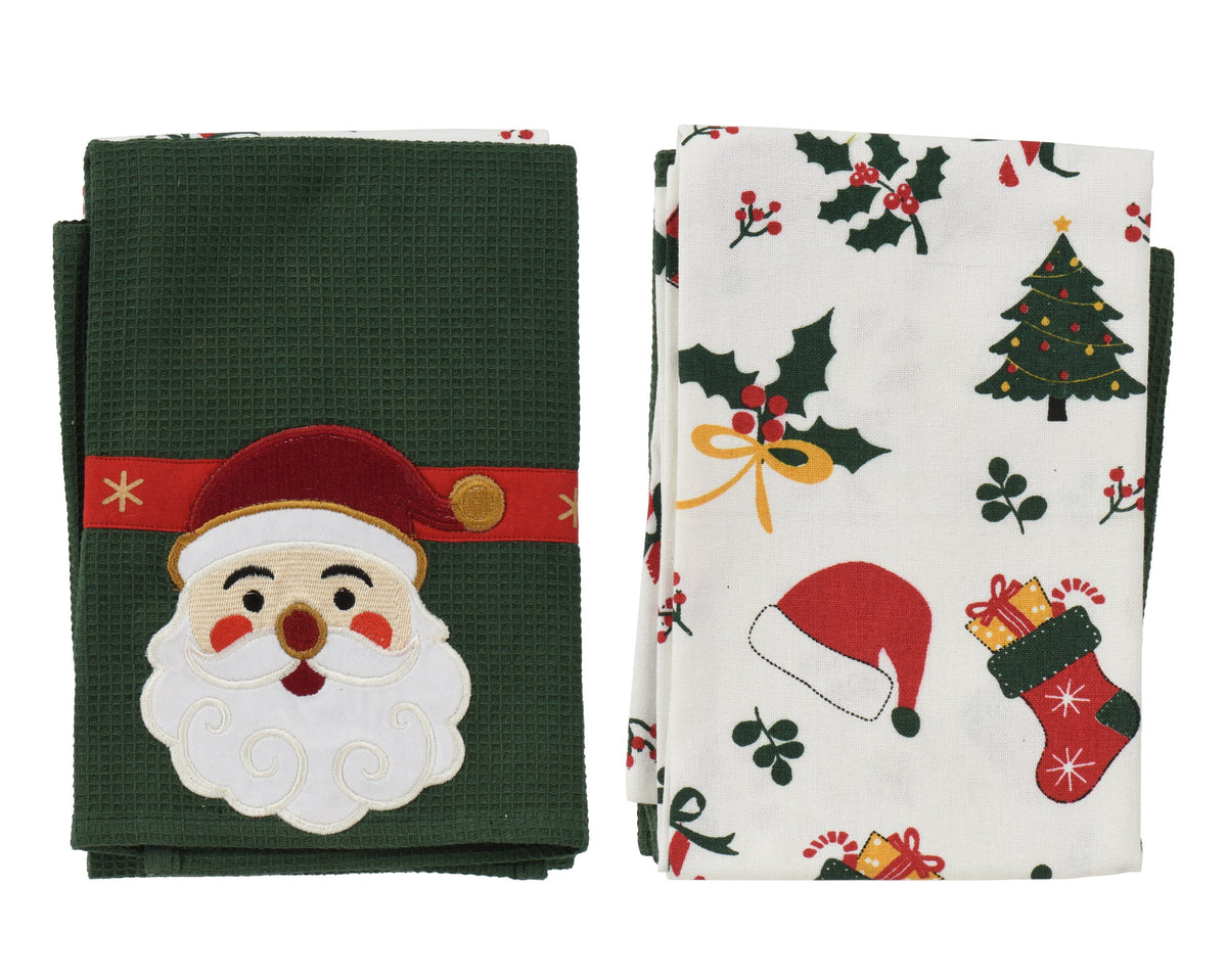 theedoek katoen rectanguler with santa embroidery kitchentowel and all over screenprint teatowel groen/kleur(en) l.70cm x w.45cm x h.0.3cm
