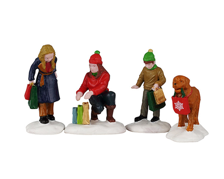 festive holiday shoppers, set of 4