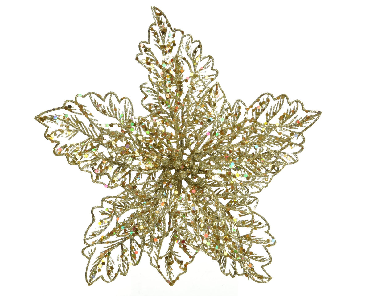 poinsettia op clip plastic with glitter goud d.23.5cm x h.10cm