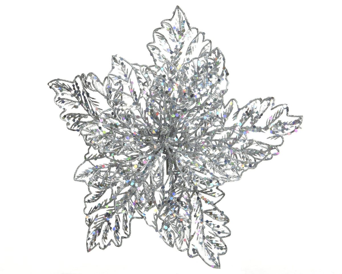 poinsettia op clip plastic glitter zilver d.23.5cm x h.10cm