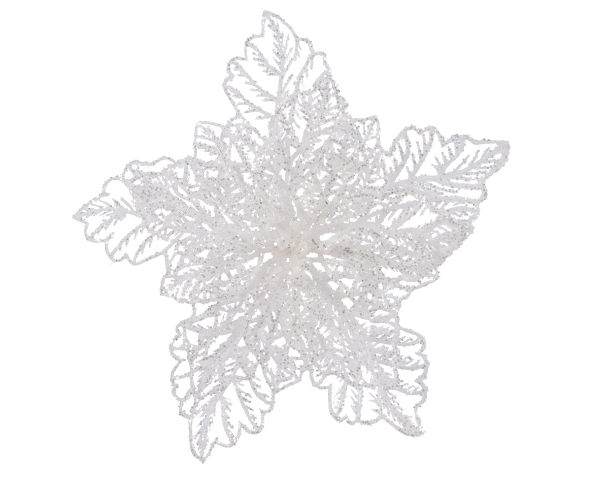 poinsettia op clip plastic glitter wit d.23cm x h.10cm