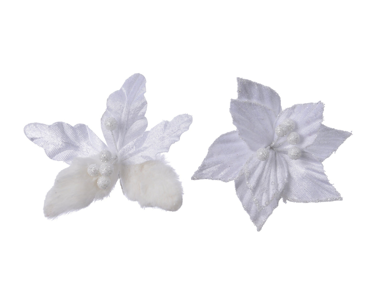 poinsettia op clip polyester velvet - artificial fur 2ass winterwit d.12cm x h.2cm
