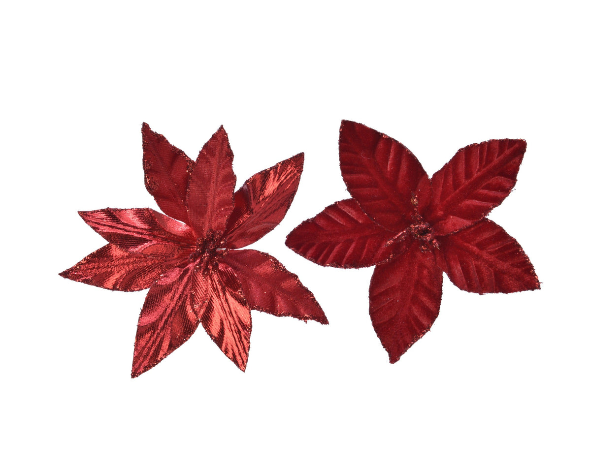 poinsettia op clip polyester glitter velvet 2ass kerstrood d.11cm x h.2cm