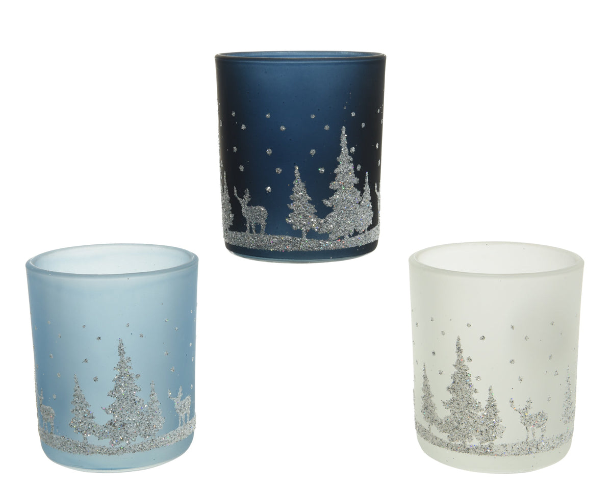 theelichthouder glas matt glitter scenery 3col ass assortie d.7cm x h.8.3cm