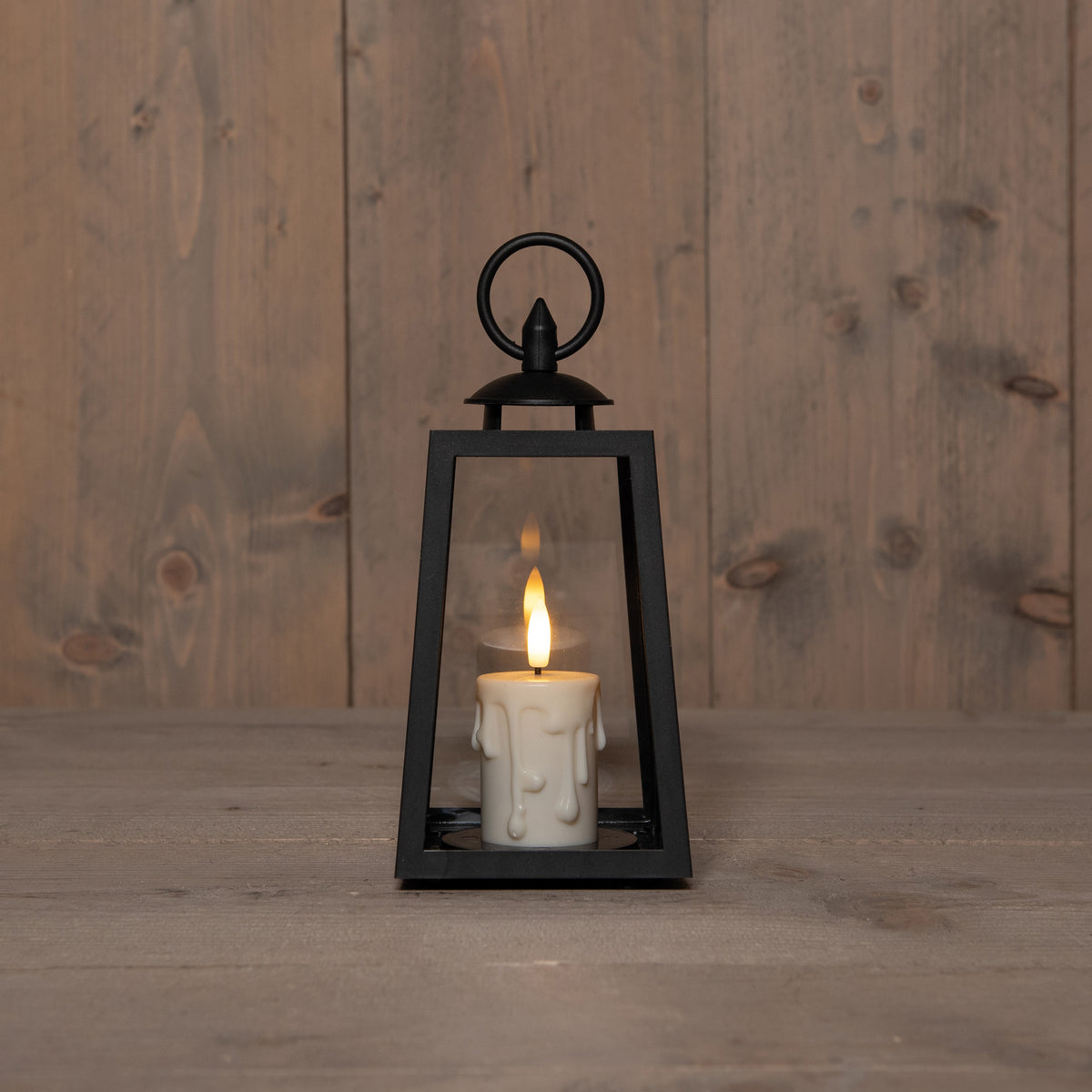 lantaarn met druipkaars 3d vlam op batterij met timer 10x10x20.5cm zwart