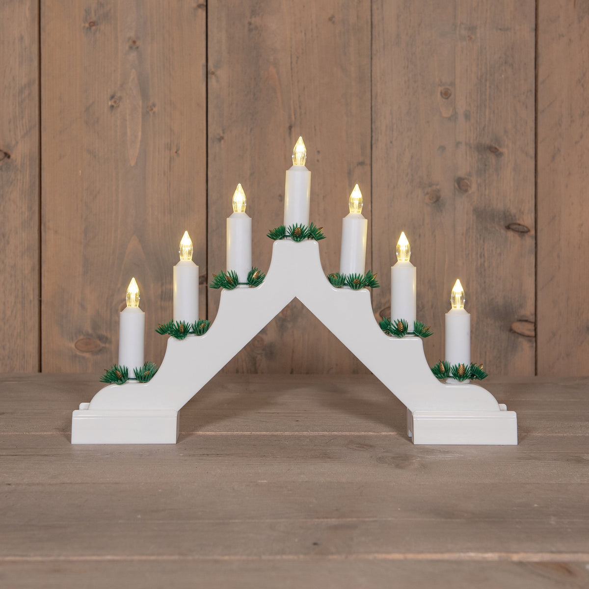kaarsenbrug met 7 led lampjes op batterrij 37,5x5x26,5 wit