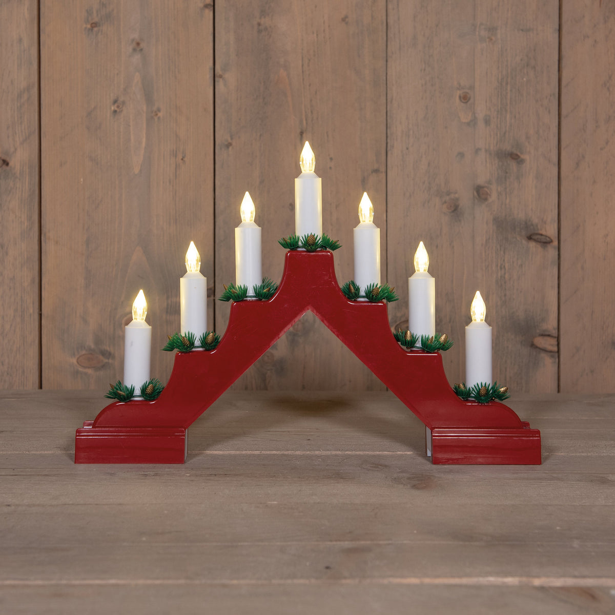 kaarsenbrug met 7 led lampjes op batterrij 37,5x5x26,5 rood
