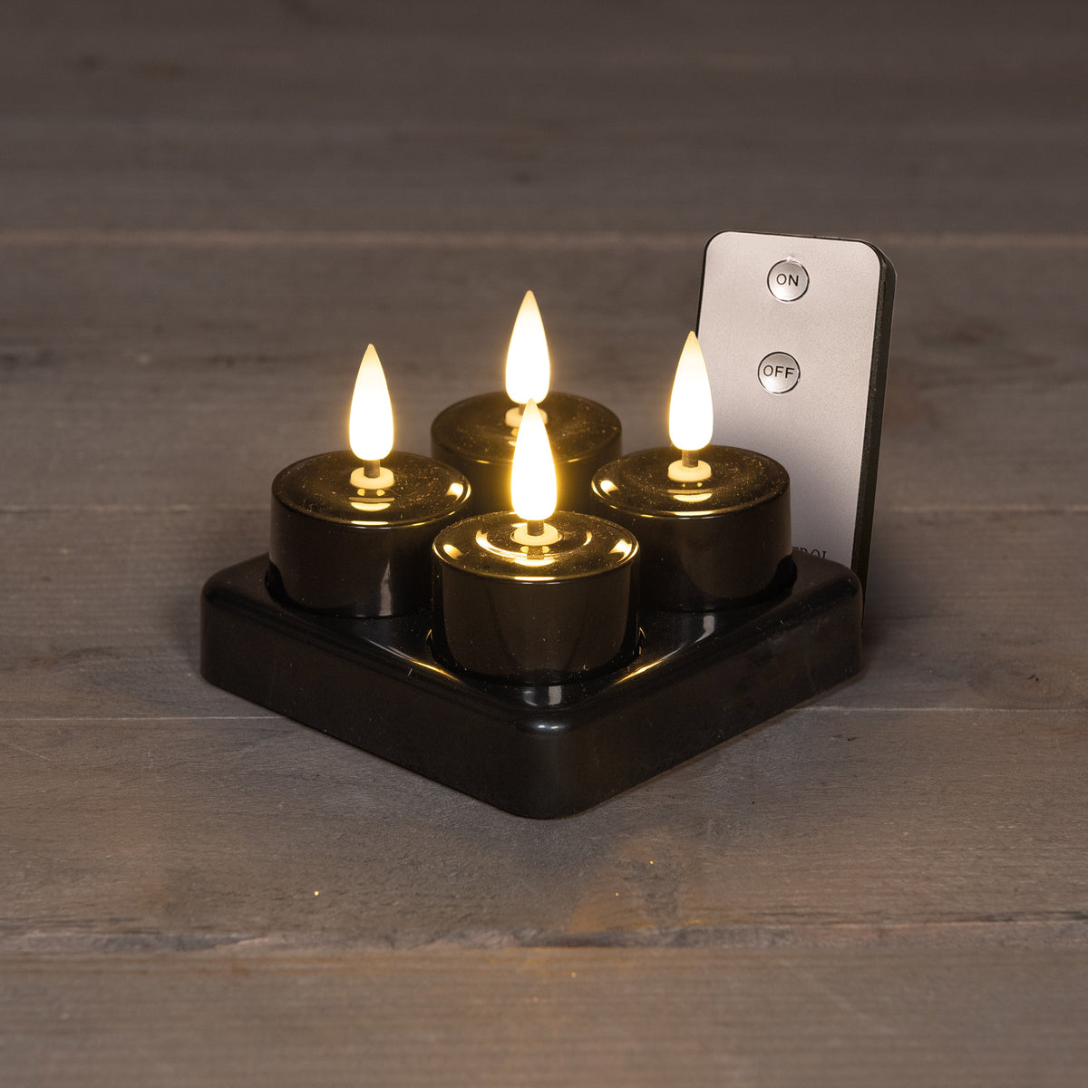 theelicht 3d vlam oplaadbaar ip20 met afstandsbediening, oplaadstation en usb kabel 3.8x5cm zwart 4 stuks